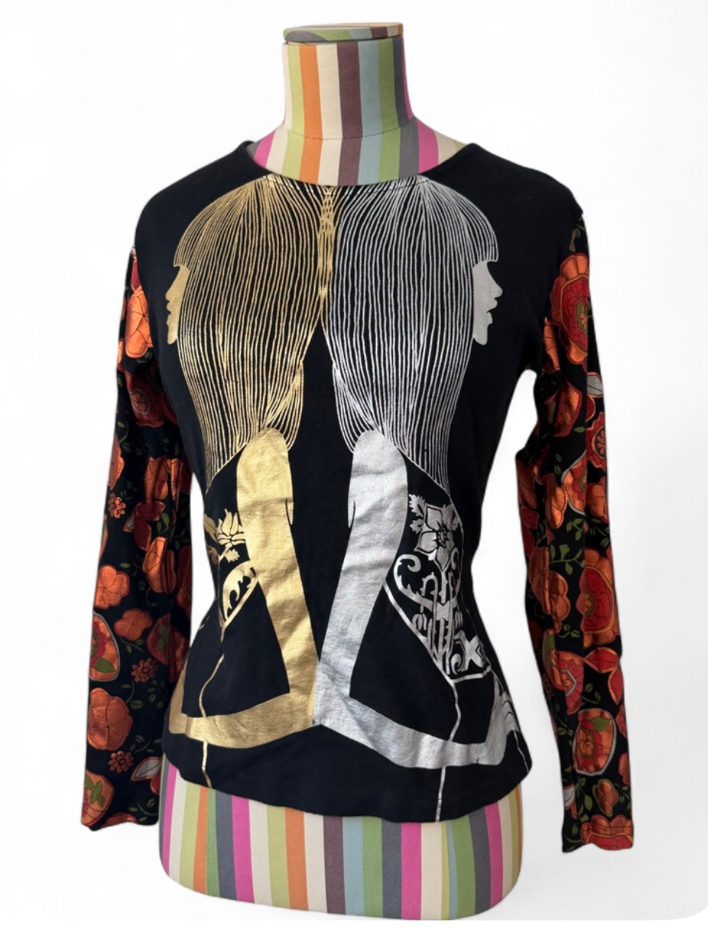 Vintage Y2K Custo Barcelona Two Women Floral Print Ribbed Cotton Long Sleeve